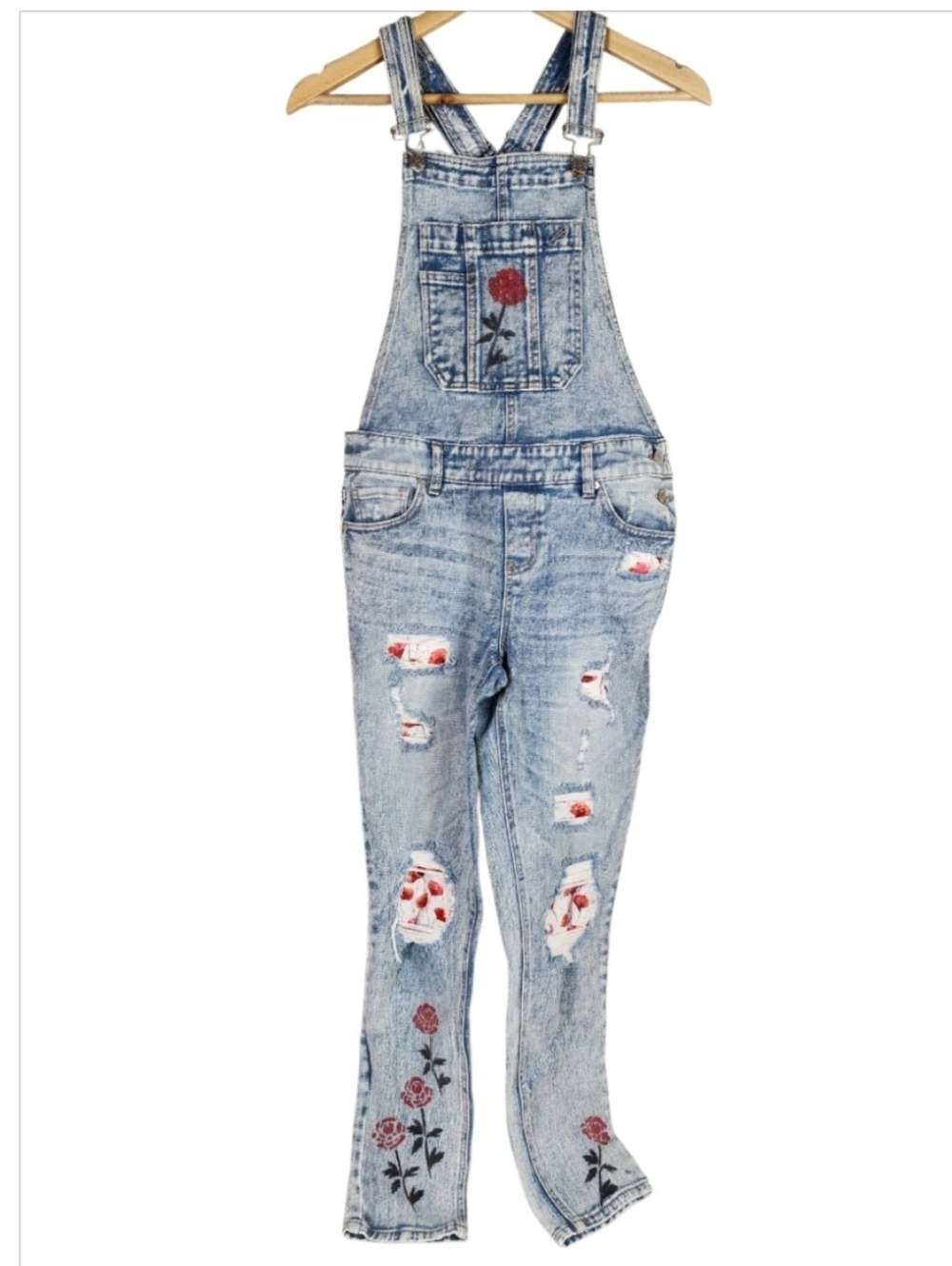 Y2K Stonewash Denim Overalls Floral Patches Distressed Small 27W